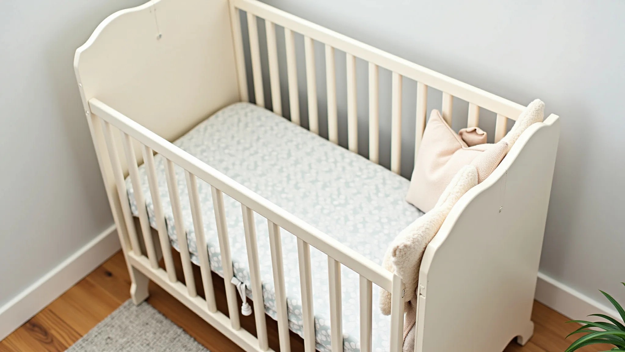 Berço certificado com bordas arredondadas e roupa de cama macia em quarto de bebê.