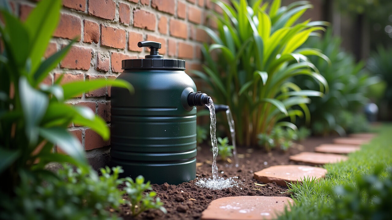 Quintal com sistema de captação de água da chuva conectado a um jardim.