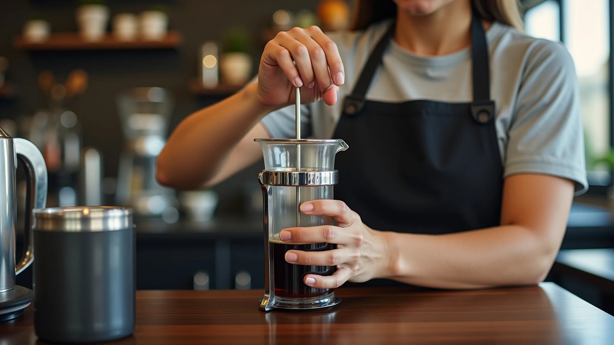 Barista preparando café especial na prensa francesa em cafeteria.