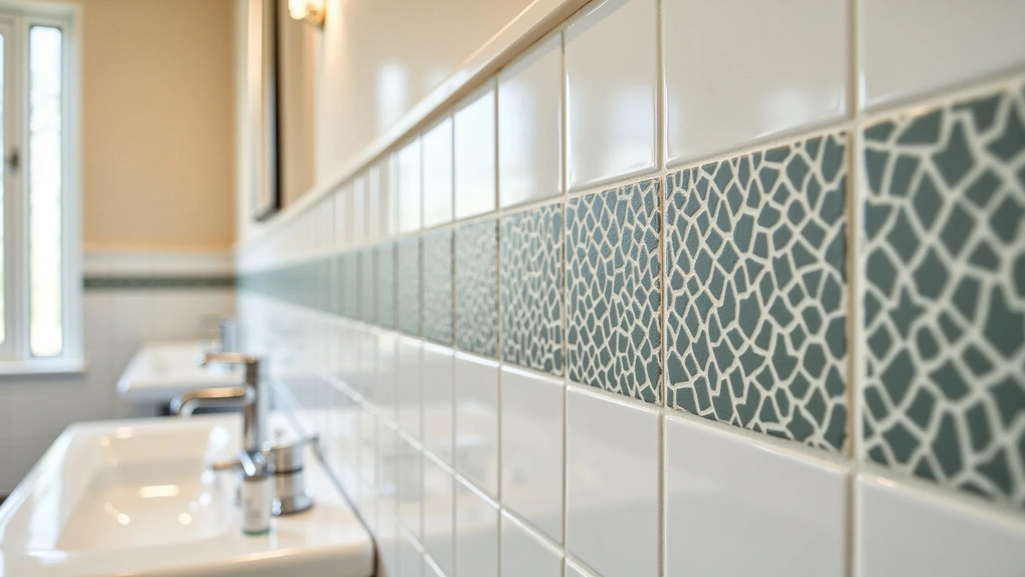 Parede de banheiro com azulejos adesivos aplicados de forma criativa, reforma DIY.