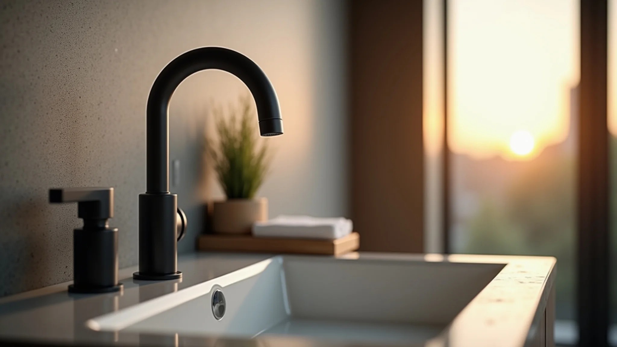 Banheiro moderno com torneira preta, design minimalista e elementos naturais.