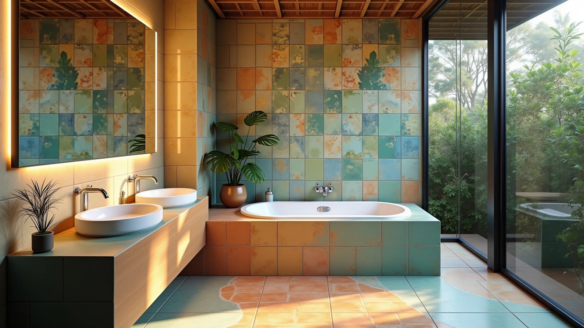 Banheiro com azulejos coloridos pintados com epóxi e decoração brasileira.