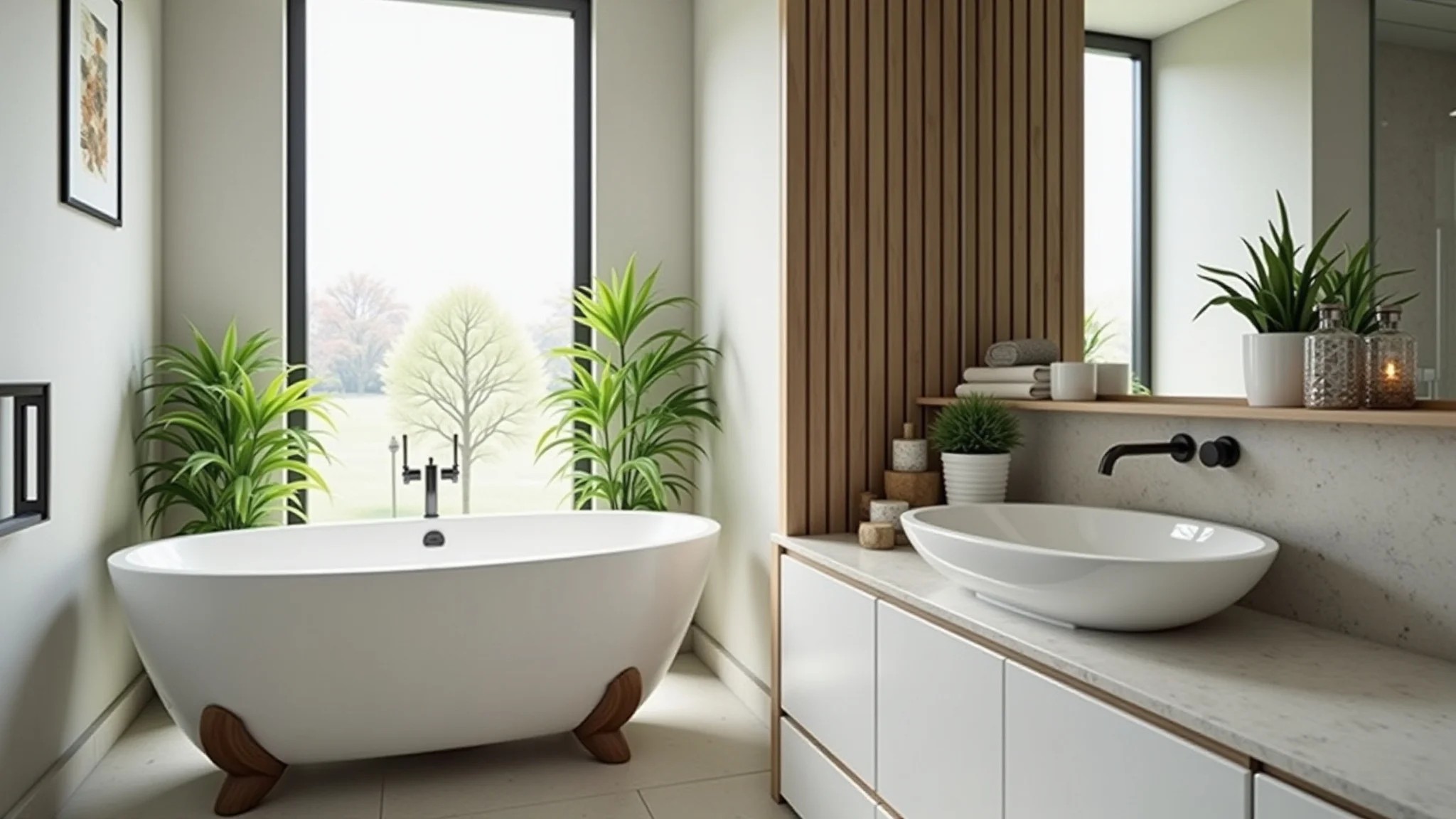 Banheiro bem ventilado, com superfícies limpas e plantas decorativas, design Feng Shui.