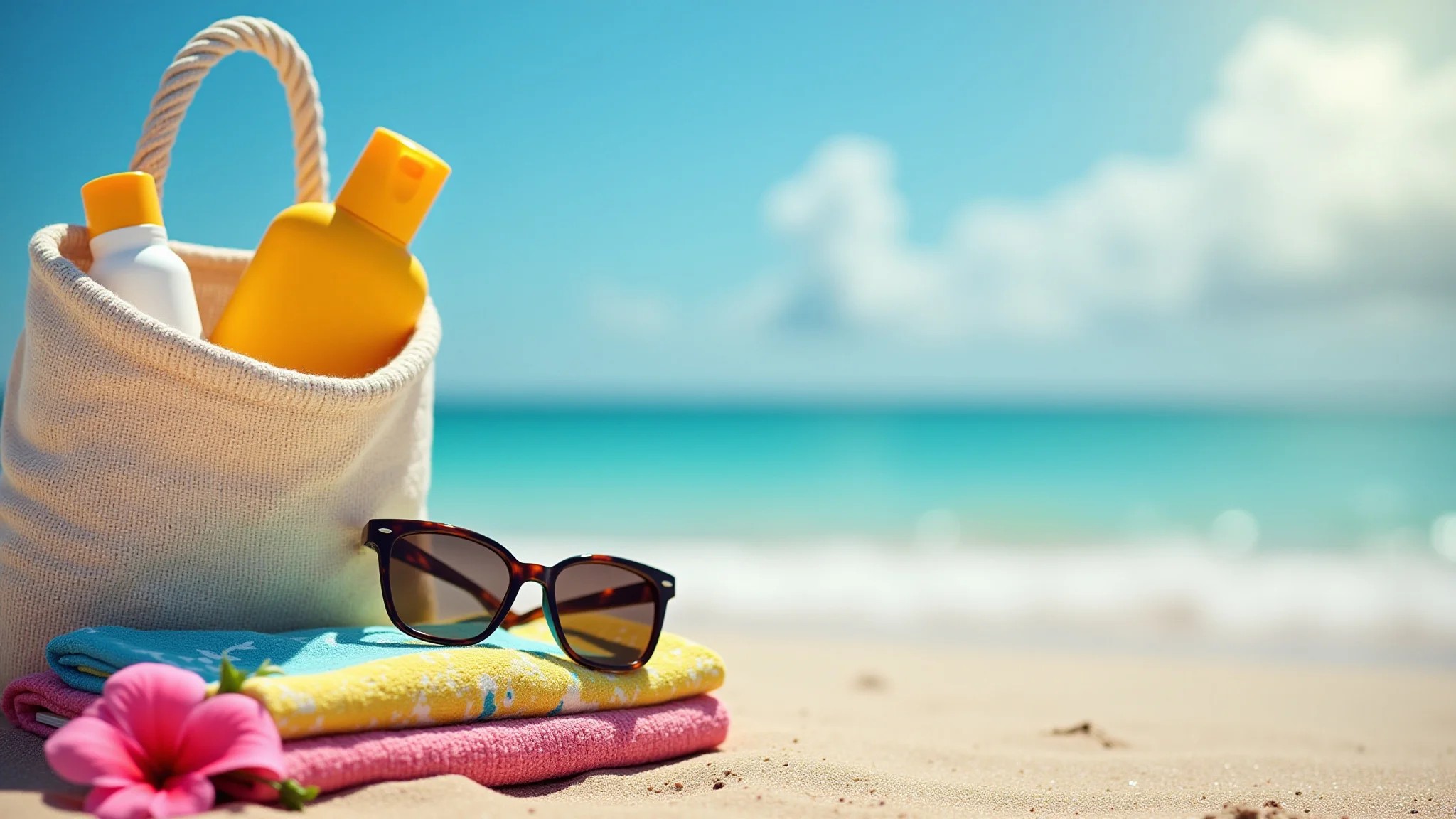 Bolsa de praia com protetor solar, toalha colorida e óculos de sol.