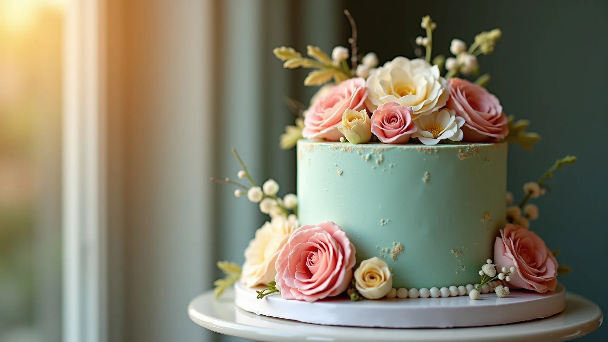 Bolo vintage decorado com cores pastel e flores de açúcar, iluminação suave.