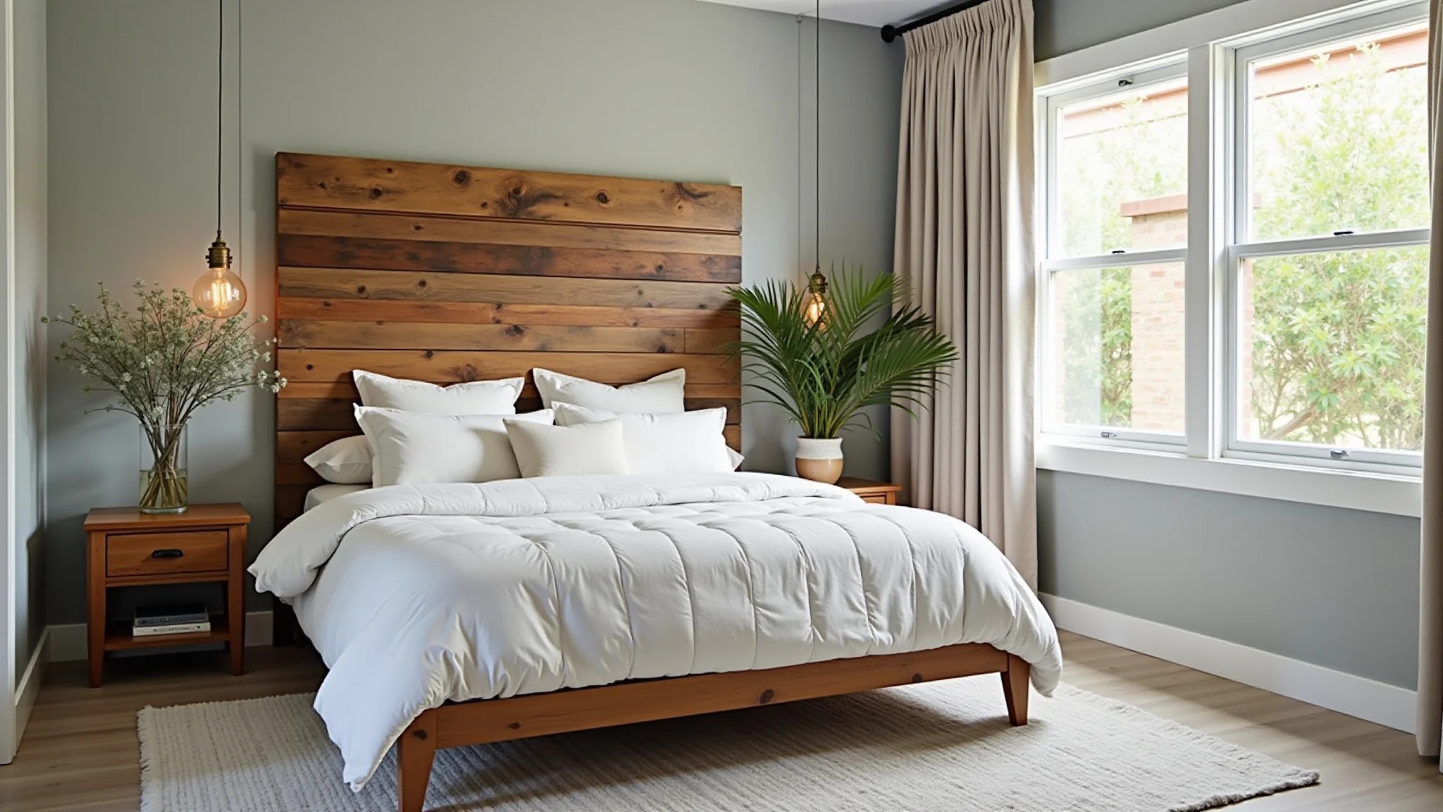 Quarto com cabeceira DIY feita de madeira reciclada e toques criativos brasileiros.