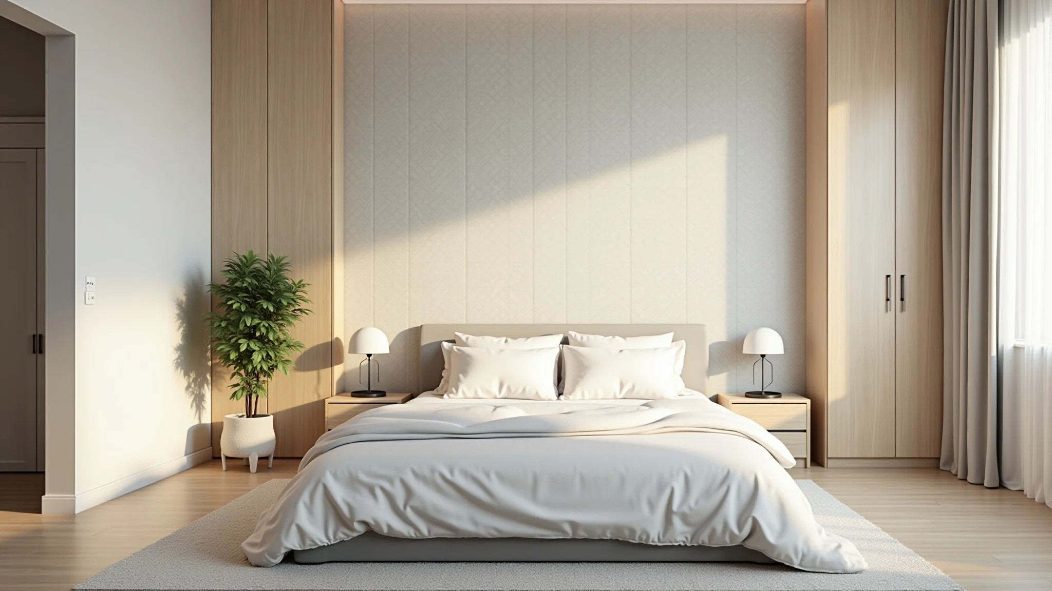 Quarto com papel de parede claro e decoração minimalista brasileira.