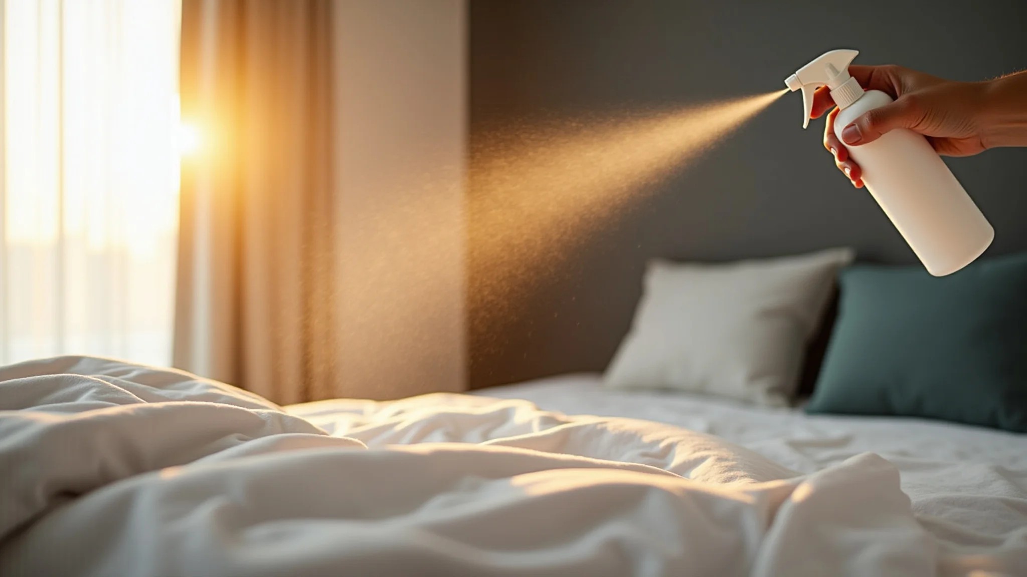 Lençóis sendo borrifados com aromatizador de lavanda em quarto com luz suave.