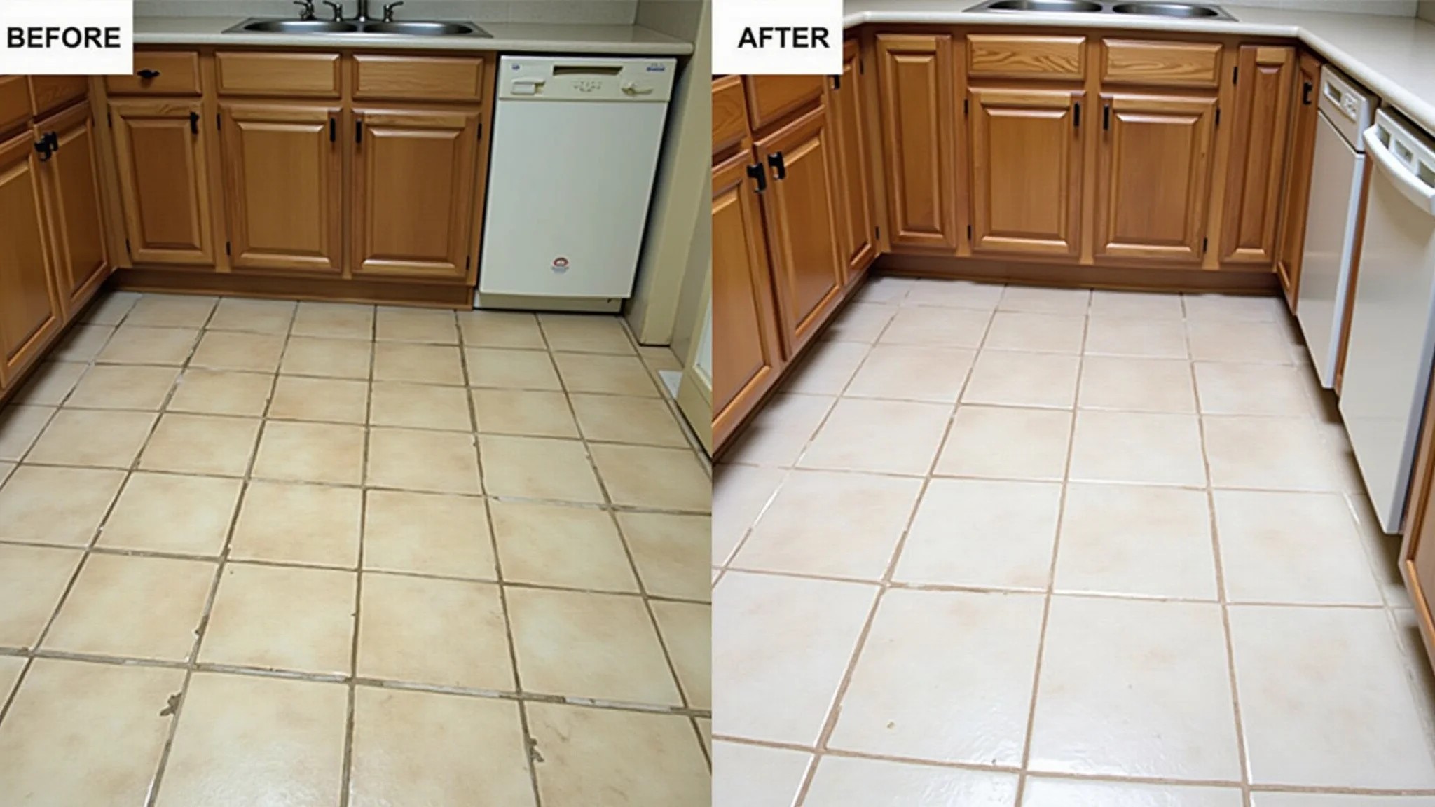 Antes e depois: piso de cozinha com rejunte sujo e rejunte limpo.