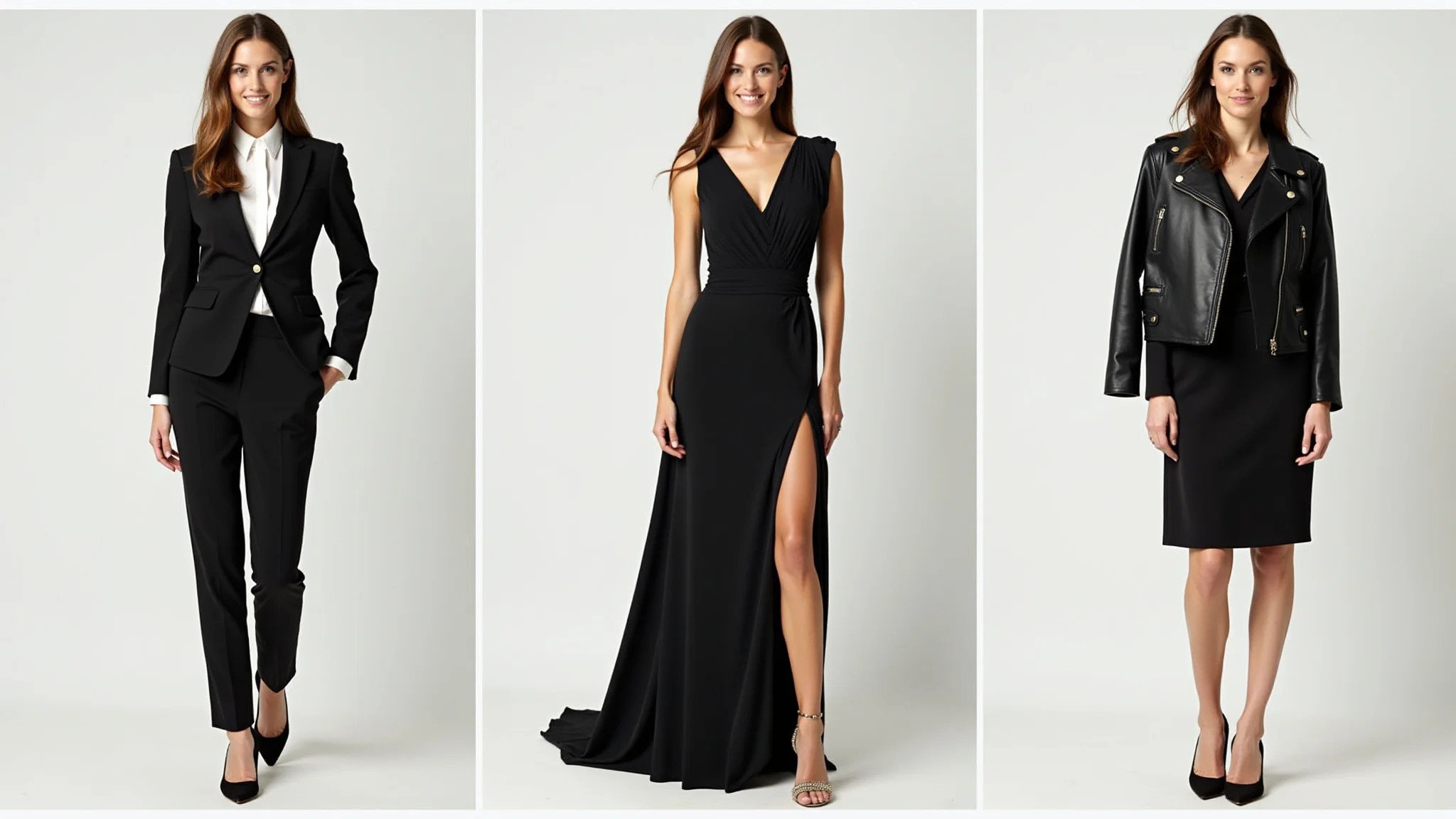 Vestido preto em looks diferentes: formal com salto, casual com rasteirinha, moderno com jaqueta de couro.