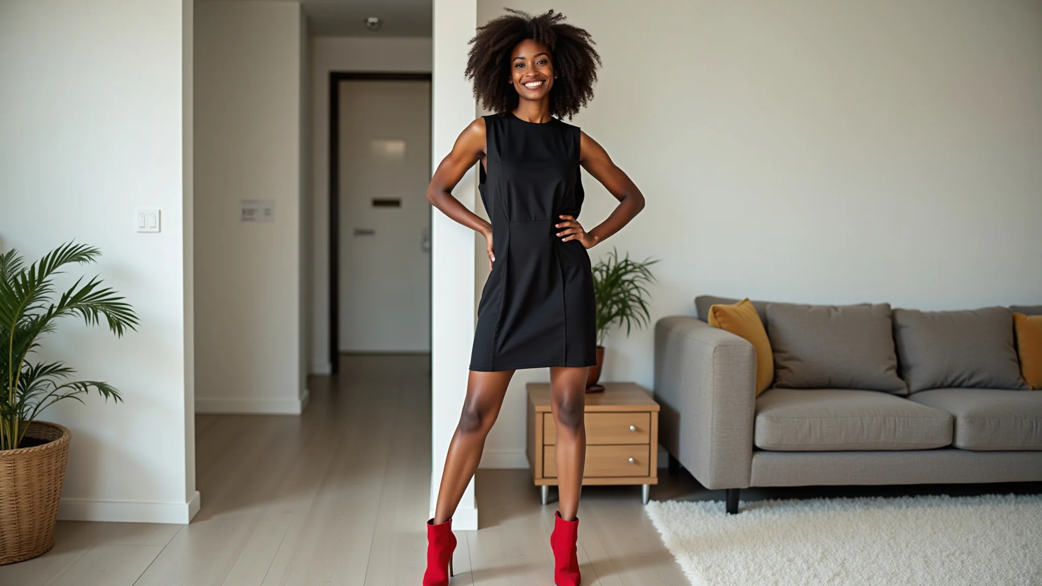 Mulher negra com vestido preto e bota cano curto vermelha posando em apartamento moderno.
