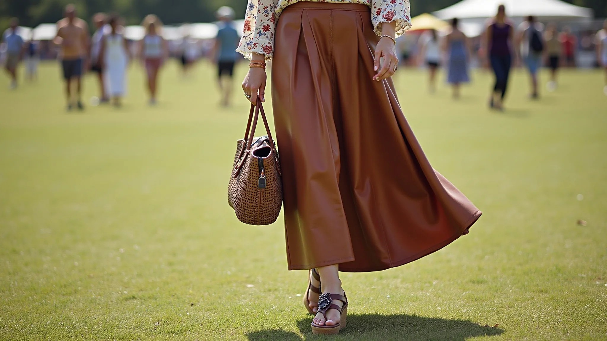 Saia de couro com blusa ciganinha e sandália rasteirinha, look boho chic para o verão.