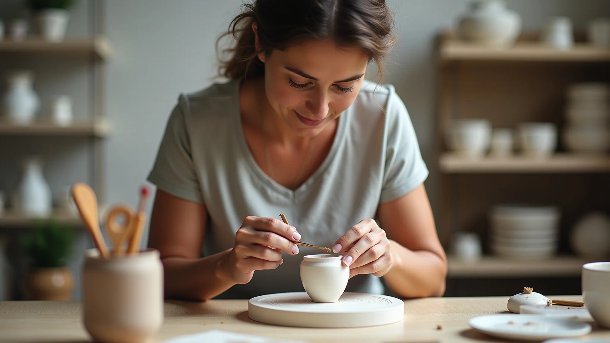 Artesã brasileira criando um pin para o Pinterest, mostrando sua cerâmica artesanal.