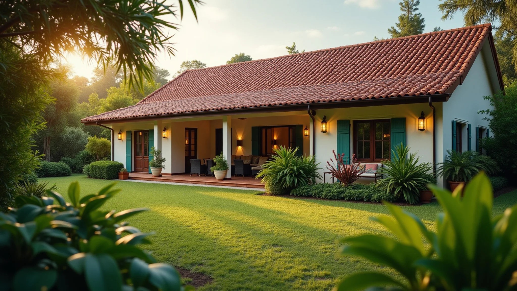 Casa brasileira com telhado de cerâmica bem conservado e jardim exuberante.