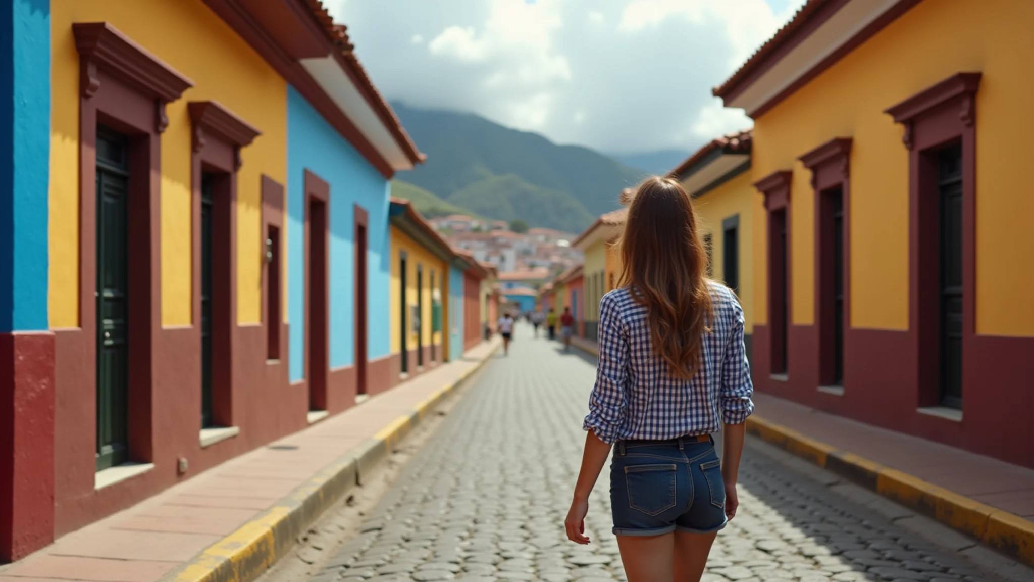 Mulher brasileira explorando rua colonial charmosa em Quito, Equador.