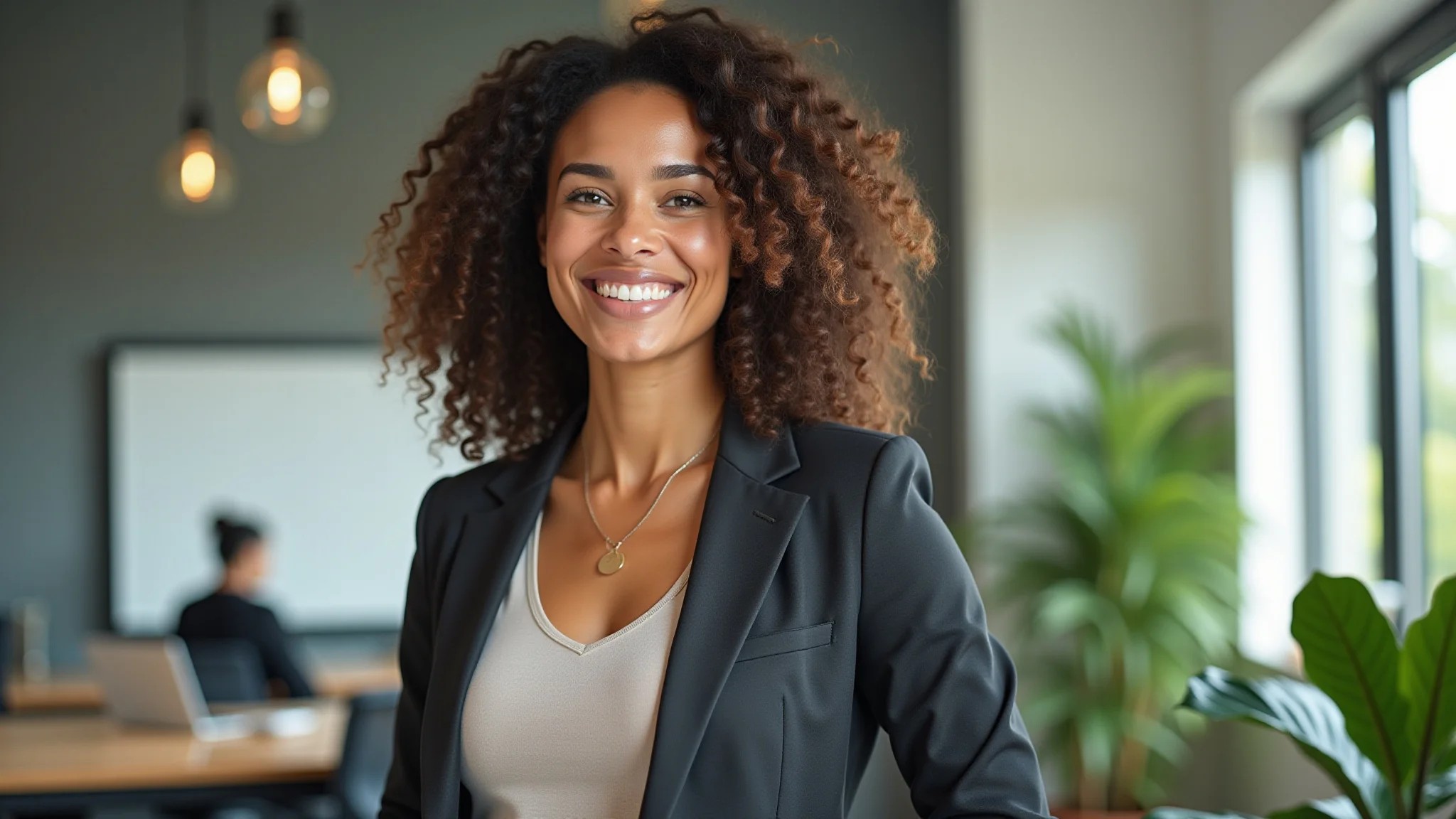 Mulher brasileira, 30s, look confortável e estiloso para o trabalho pós-parto em escritório Farm Rio.