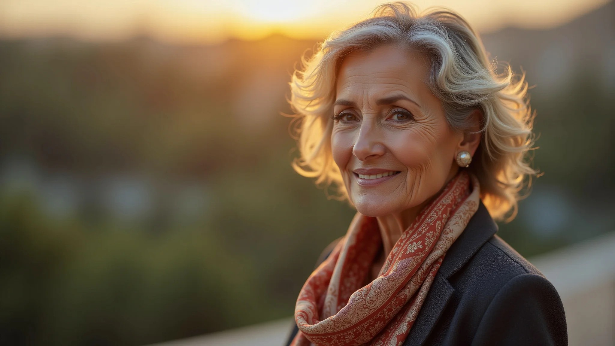 Mulher brasileira de 50 anos usando lenço de seda vintage e blazer moderno.
