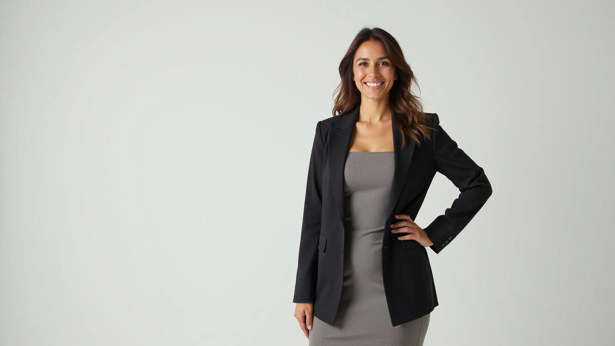 Mulher brasileira usando blazer bem cortado sobre vestido simples, enfatizando linhas verticais.