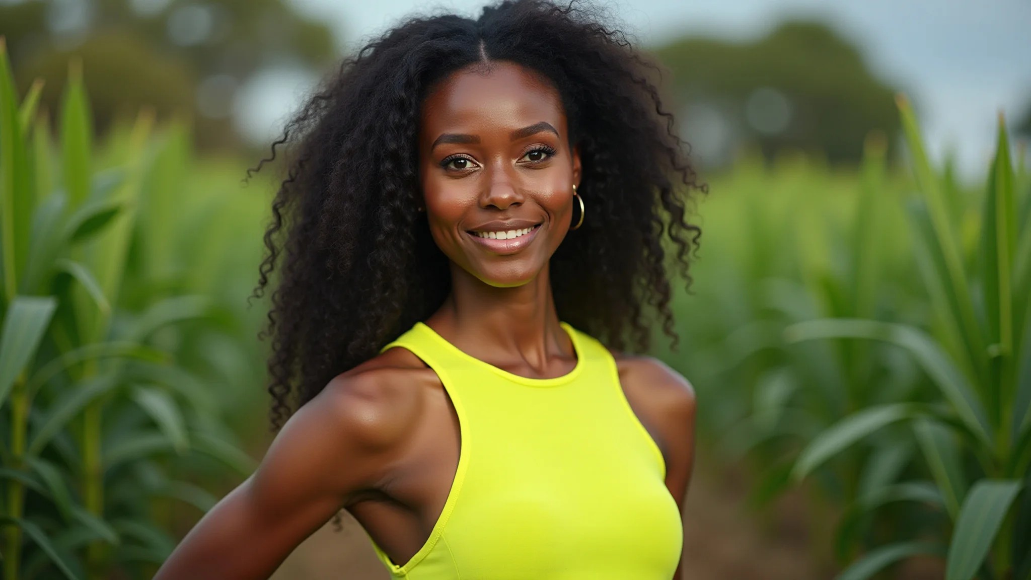 Mulher negra brasileira usando vestido amarelo neon, estilo Farm Rio, look moderno e vibrante.
