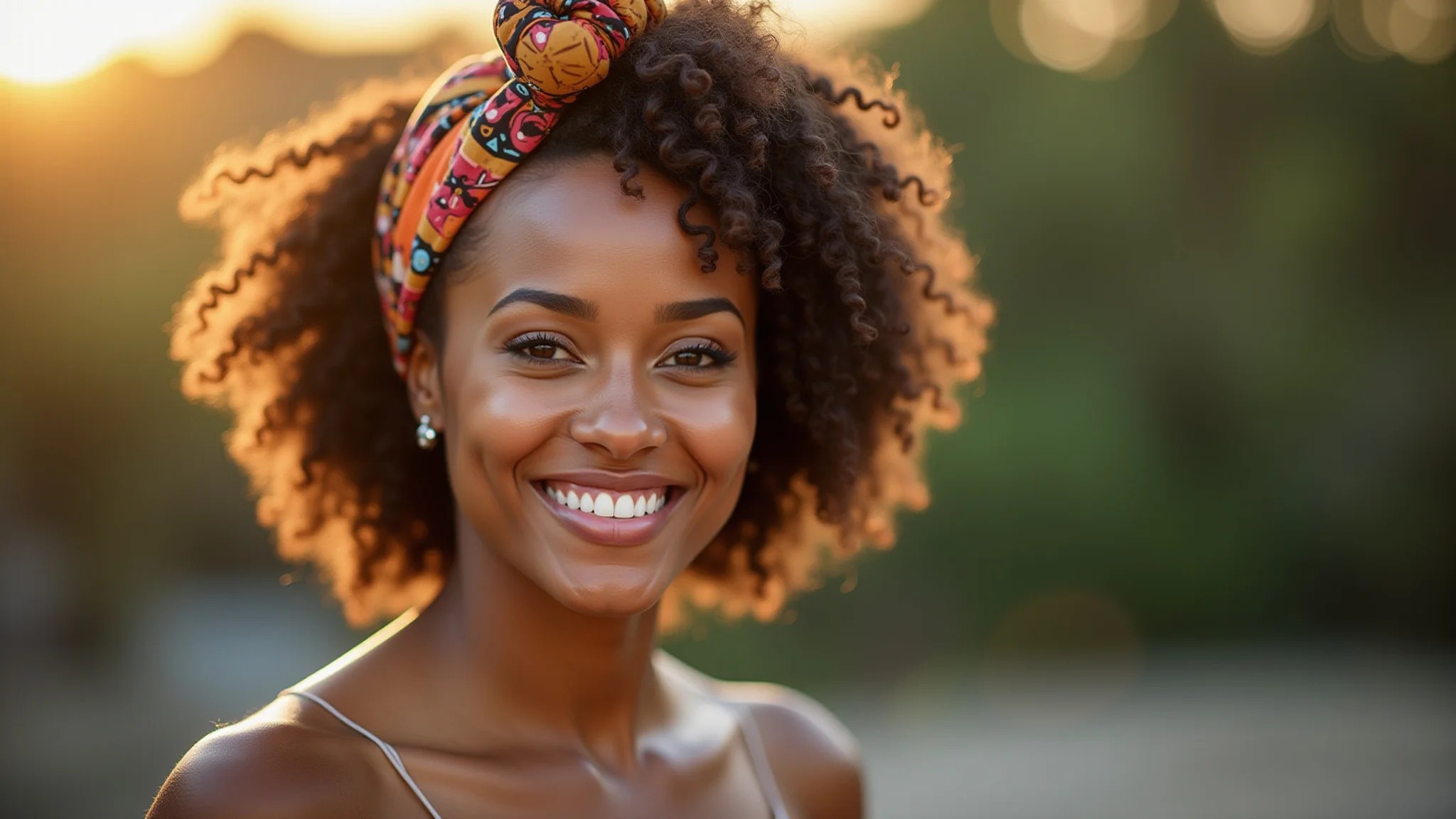 Mulher com cabelo crespo curto e turbante colorido.