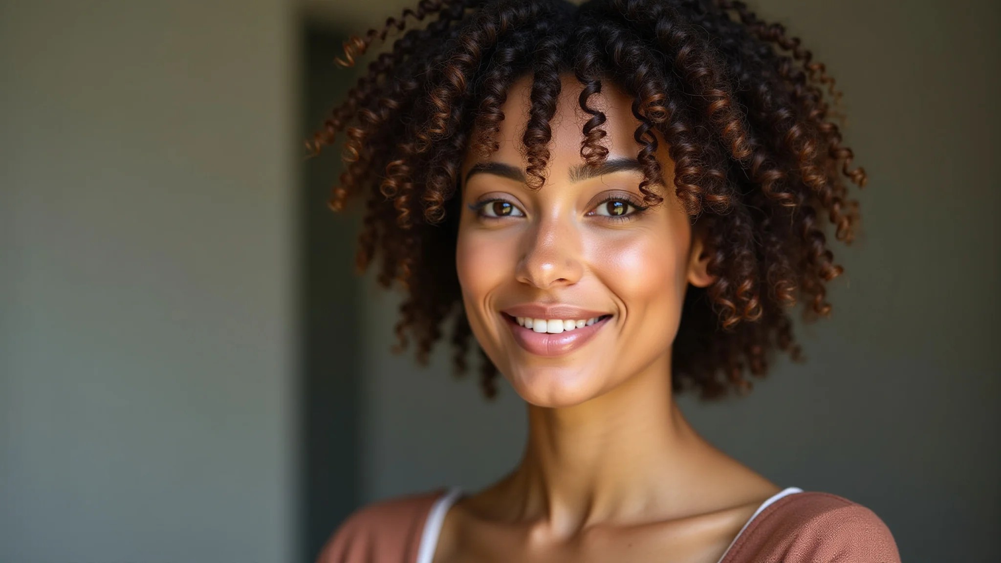 Mulher com cabelo crespo curto saudável.