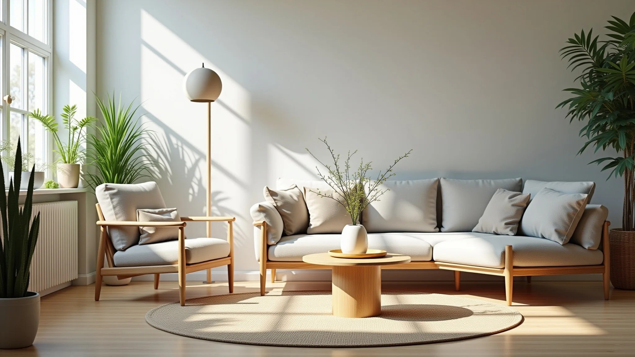 Sala de estar iluminada e arejada com design Feng Shui, plantas e decoração harmoniosa.