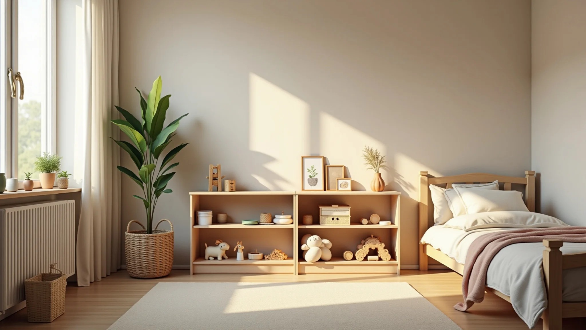 Quarto montessoriano organizado com prateleiras baixas e cantinho de leitura.