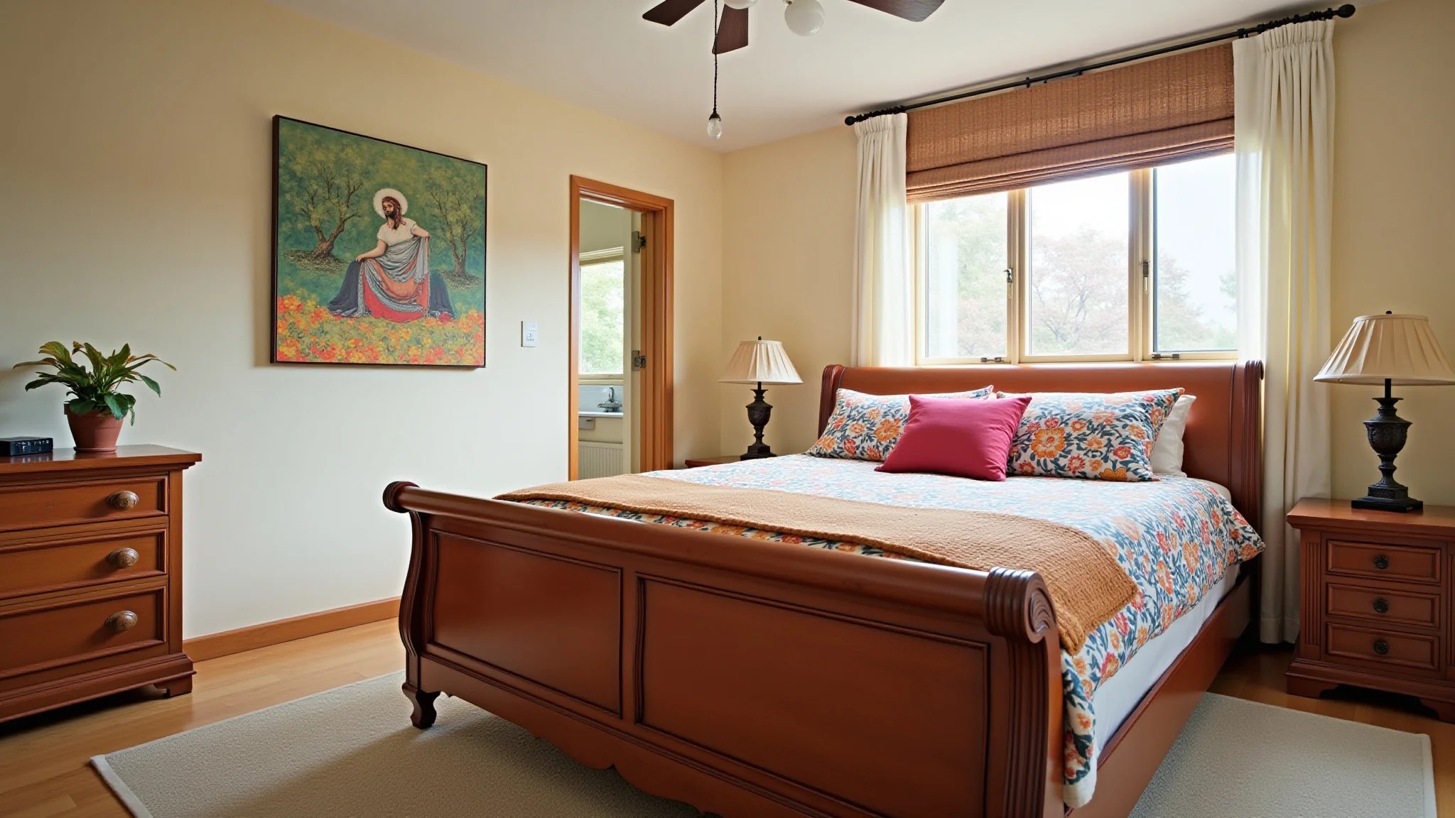 Quarto iluminado com cama de madeira clássica e roupa de cama colorida em estilo brasileiro.