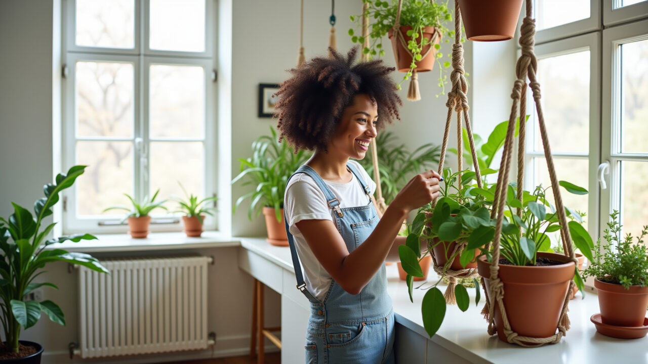 Mulher cuidando de plantas em suportes de macramê em sala boho.