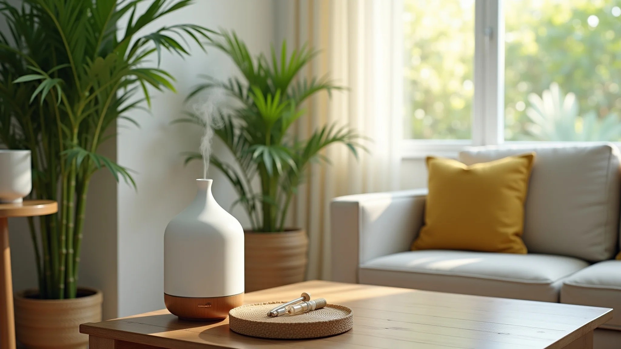 Sala de estar brasileira com plantas de bambu e difusores, criando ambiente relaxante.