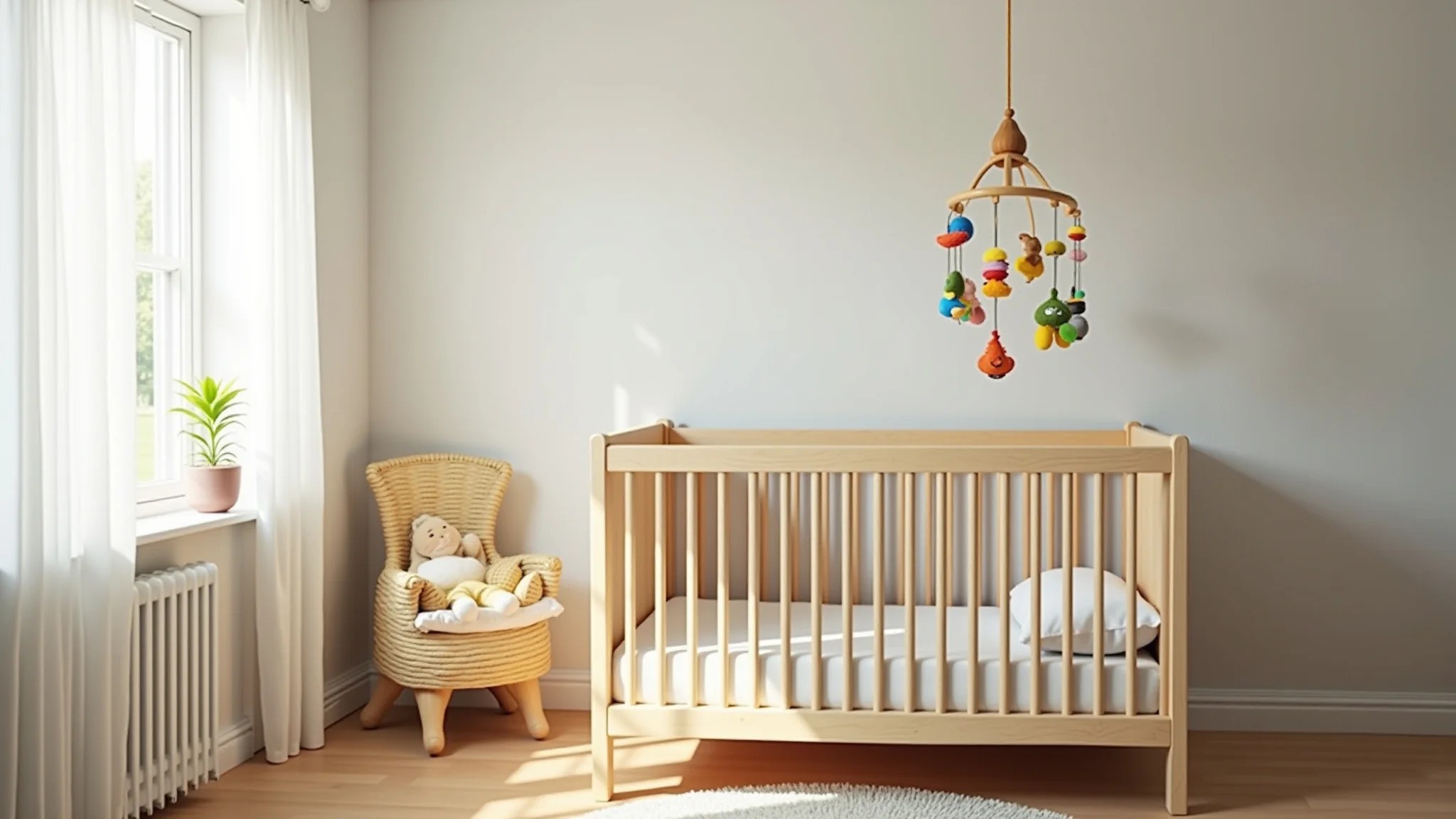 Quarto de bebê aconchegante com berço de madeira, móbile colorido e iluminação suave.