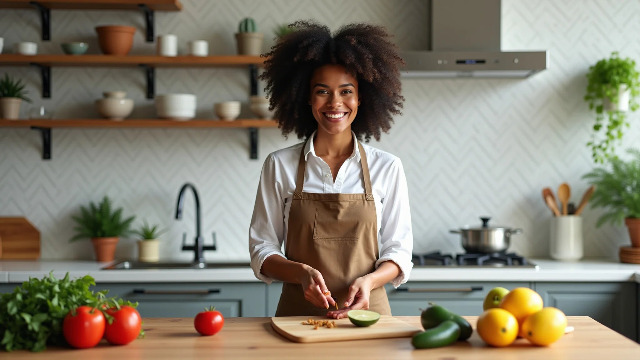 Cozinha funcional com o conceito de triângulo de trabalho, mulher diversa cozinhando.