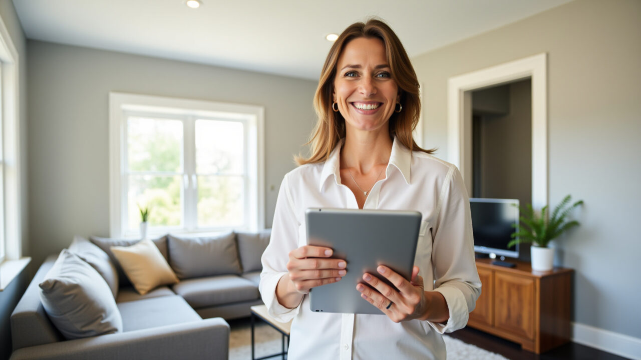 Mulher sorrindo durante reforma, consultando opções de seguro residencial.