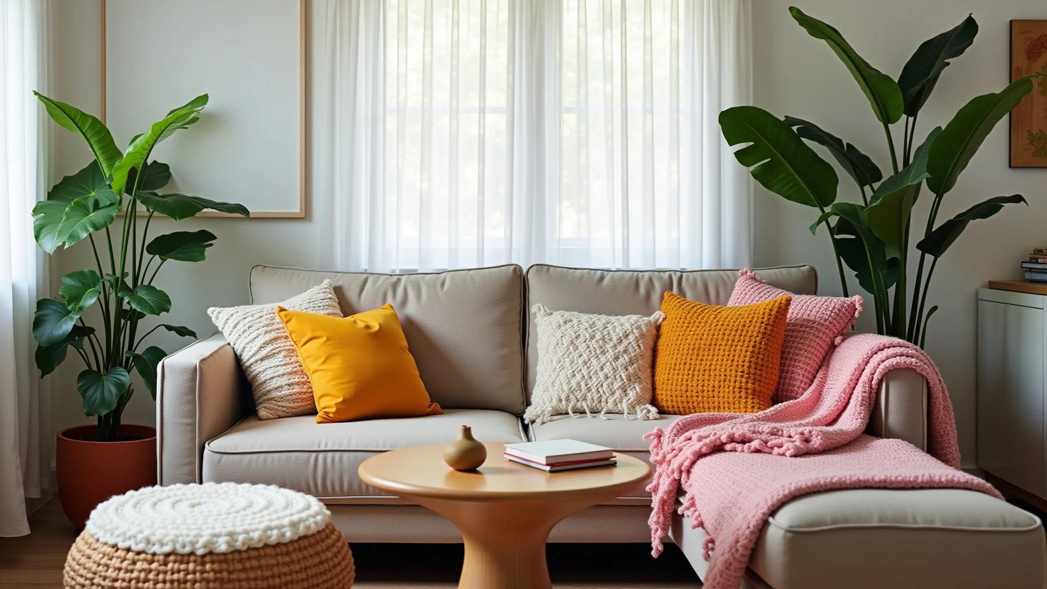 Sala de estar iluminada com almofadas coloridas, mantas de tricô e plantas, decoração acessível.