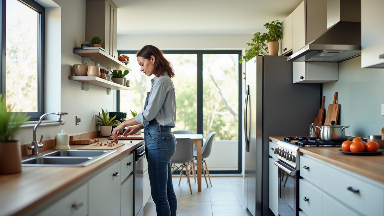 Cozinha moderna com porcelanato cinza claro e mulher cozinhando.