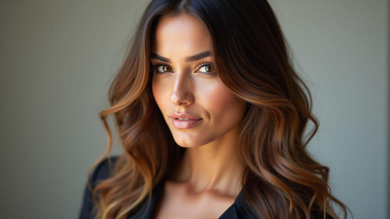 Ombré hair morena iluminada com tons de caramelo.
