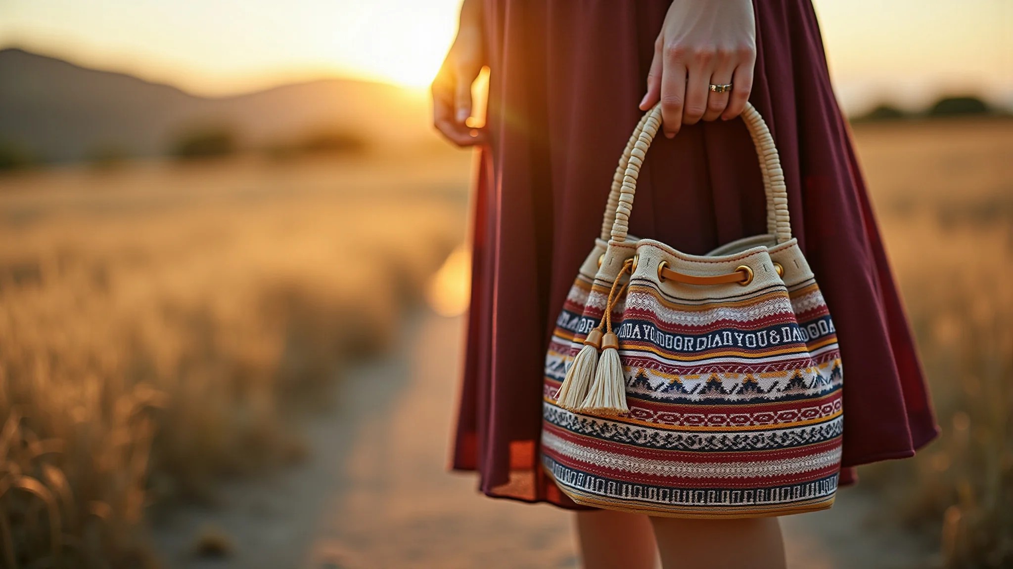 Bolsa saco com estampas étnicas e materiais naturais.