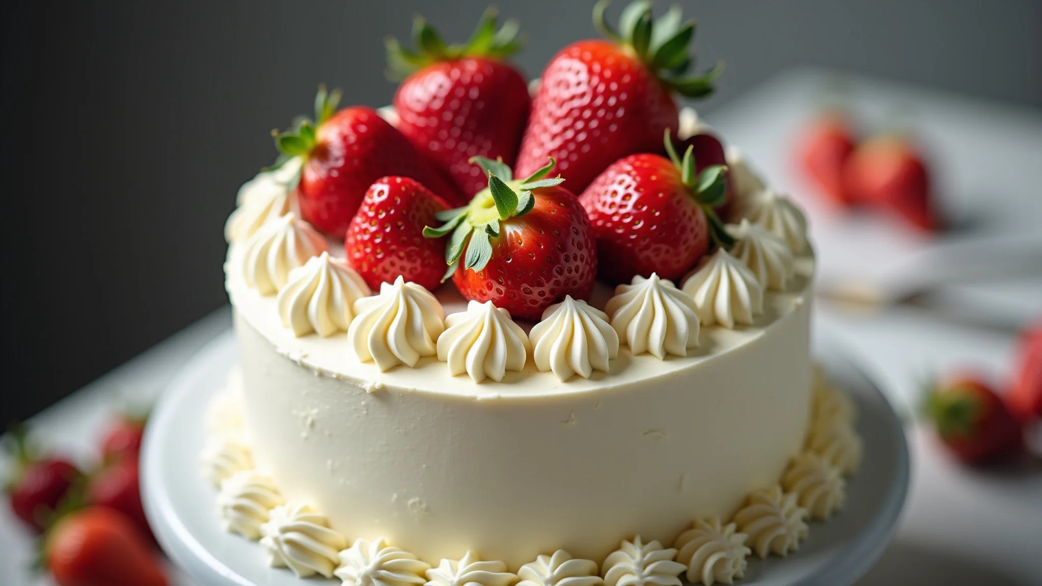Bolo decorado com chantilly e morangos frescos, uma combinação clássica e elegante.