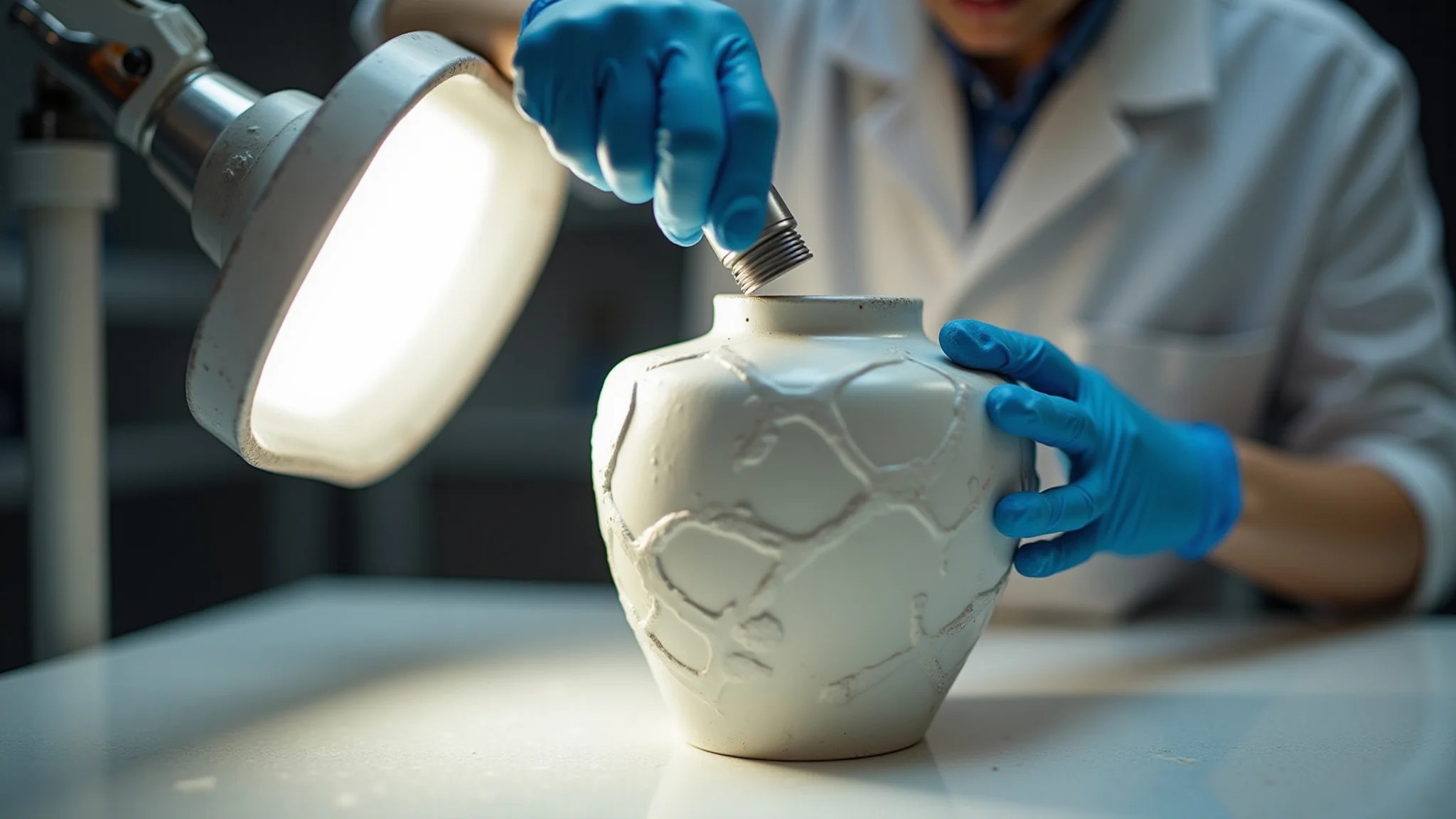 Vaso de cerâmica recebendo aplicação de primer.