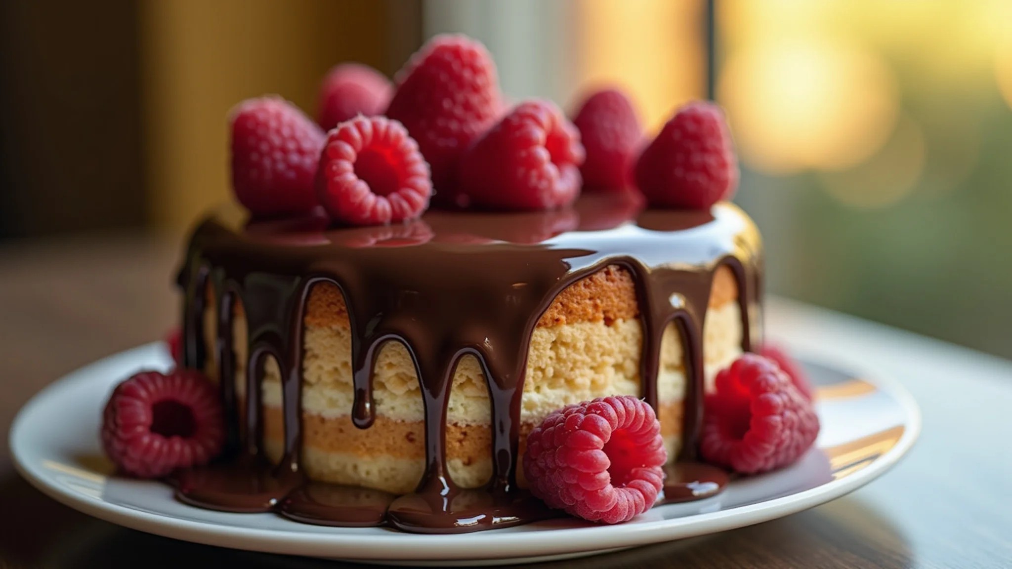 Bolo coberto com ganache de chocolate e framboesas, uma sobremesa irresistível e sofisticada.