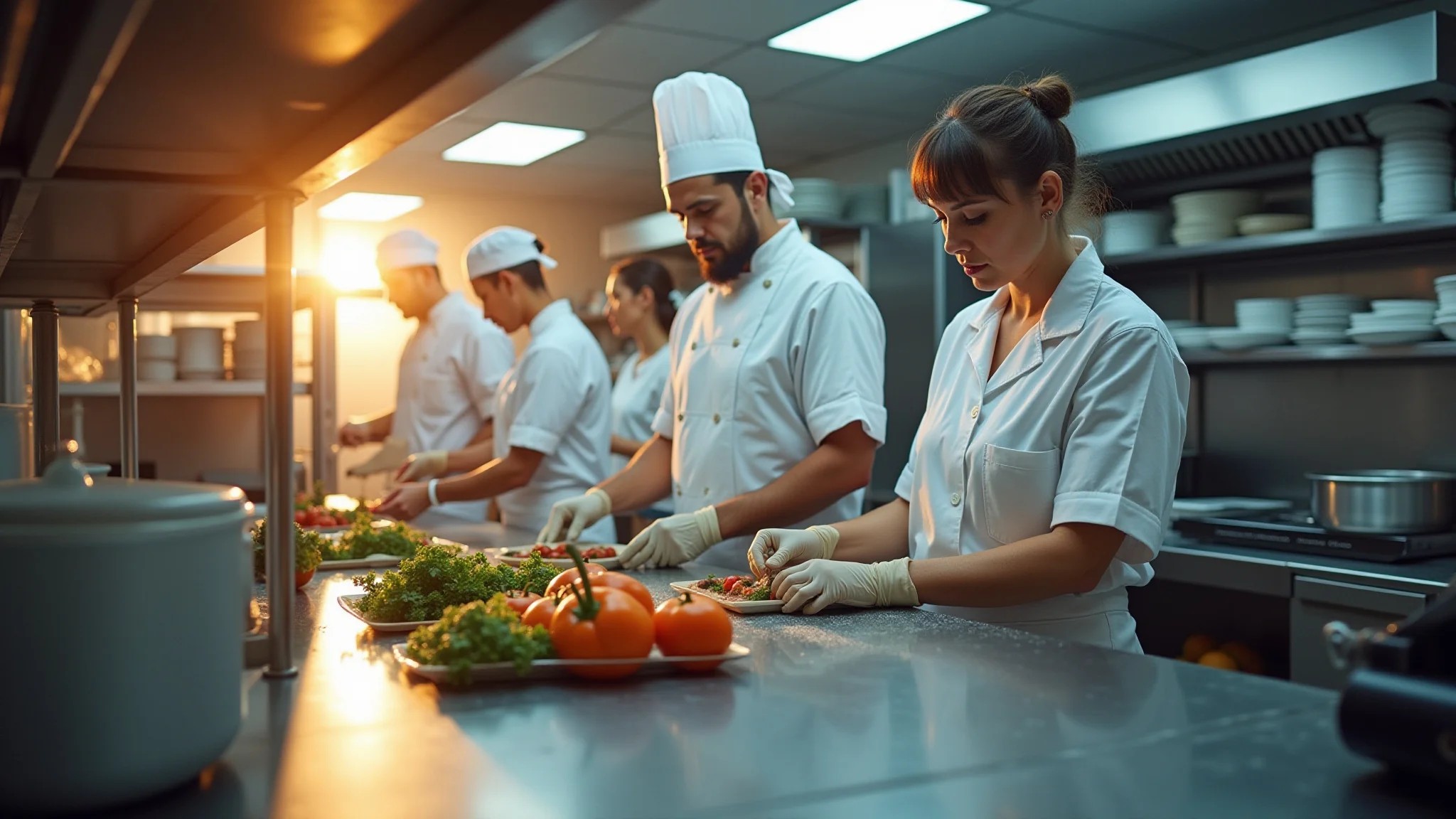 Cozinha industrial limpa e organizada, com foco em higiene