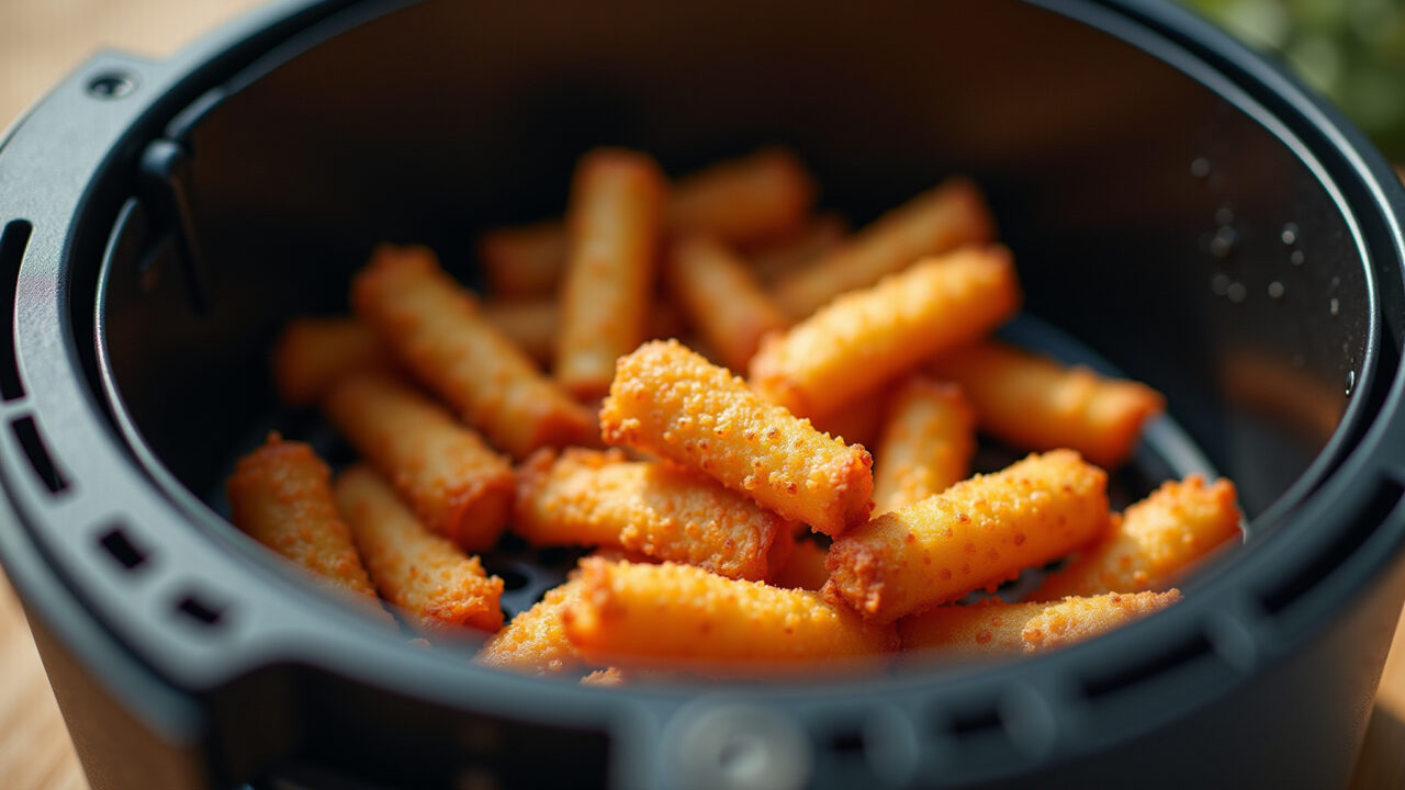 Cesto de air fryer com comida crocante.