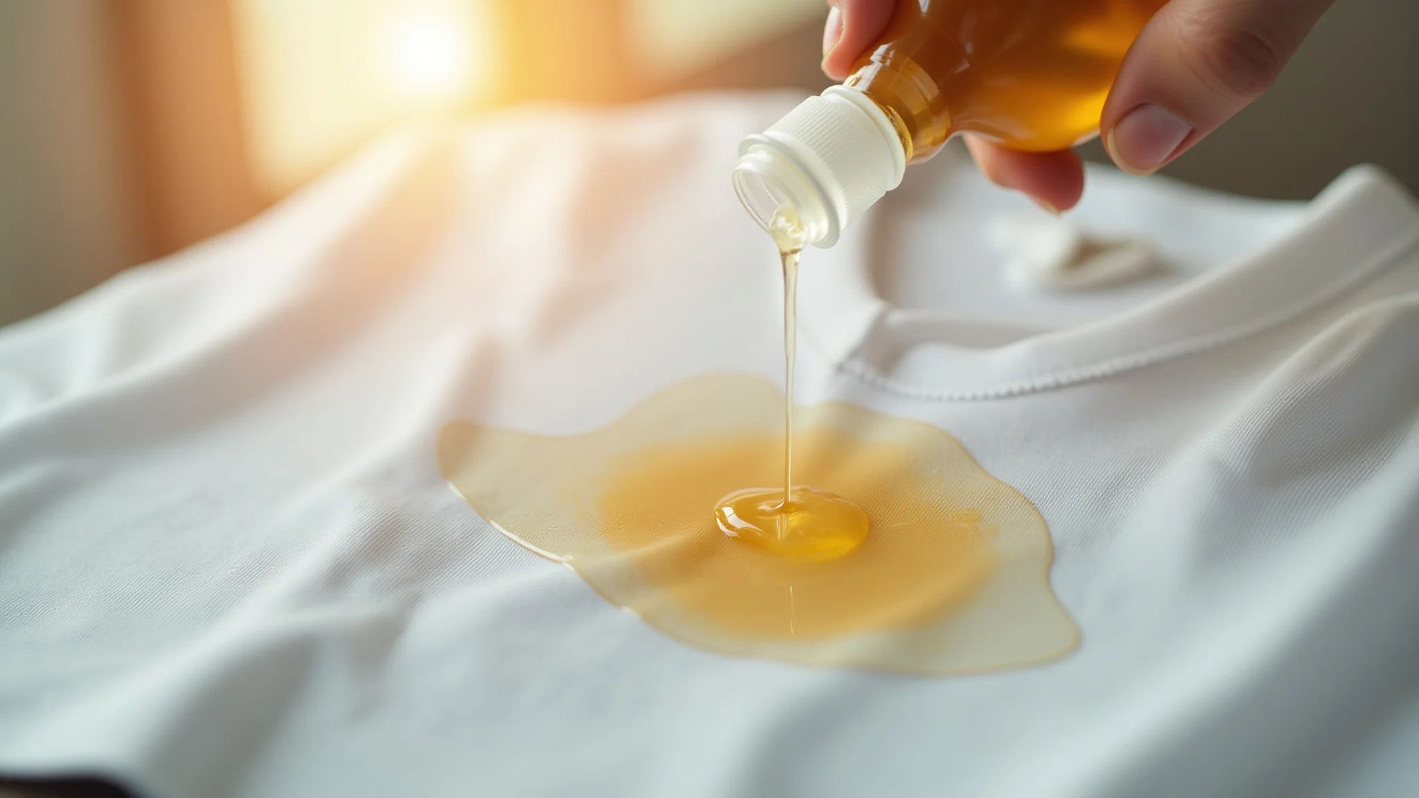 Camisa branca com mancha de gordura sendo tratada com vinagre branco.