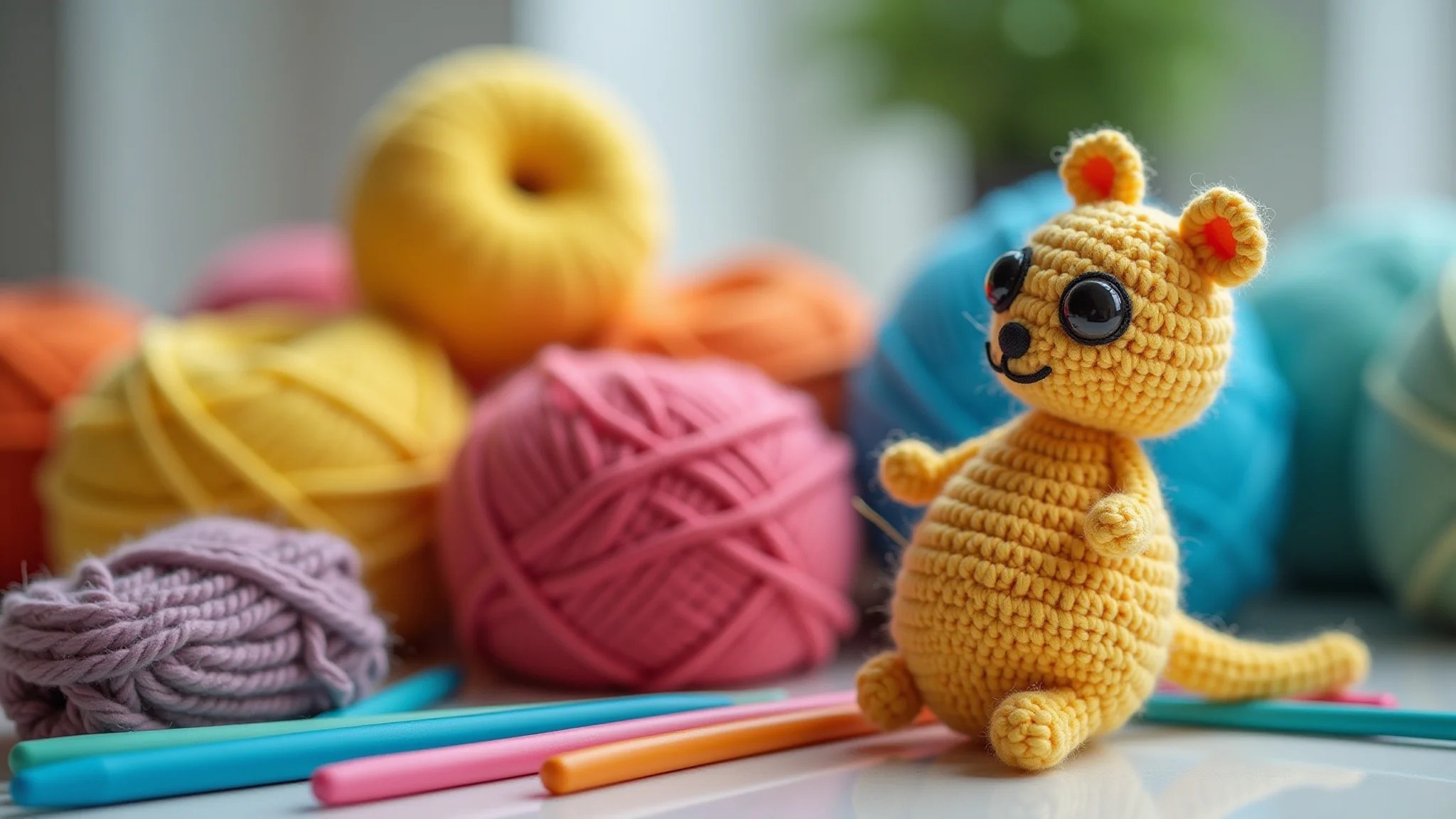 Agulhas de crochê coloridas e fio com projeto amigurumi inacabado.