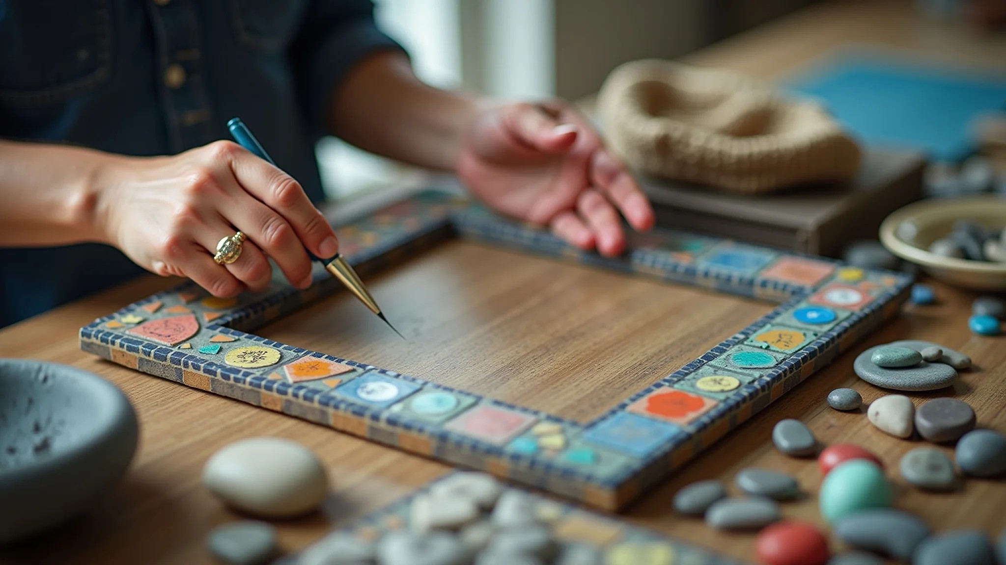 Mãos criando quadro de mosaico com azulejos e pedras coloridas, detalhes artísticos.
