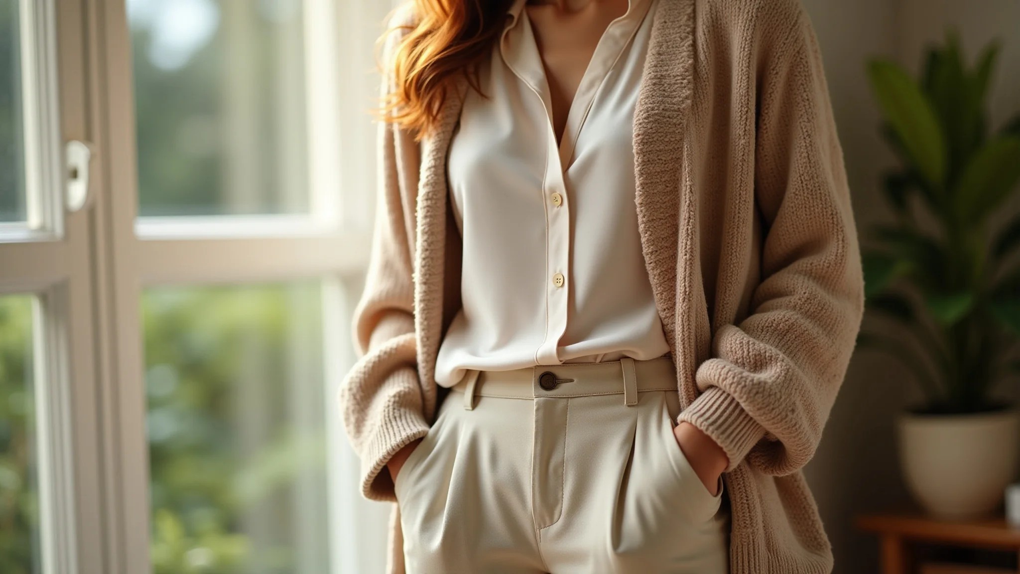 Close-up de roupas confortáveis para home office: calça de linho, blusa de seda, cardigan.