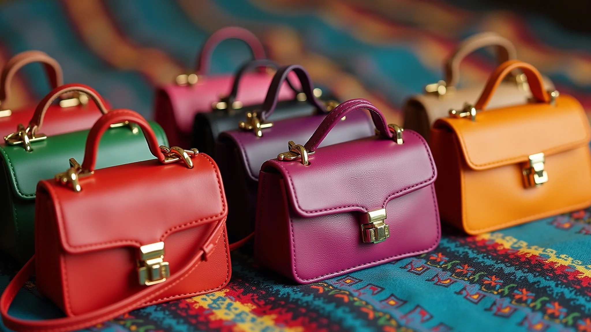 Close-up de várias mini bags exibidas em um tecido brasileiro colorido.