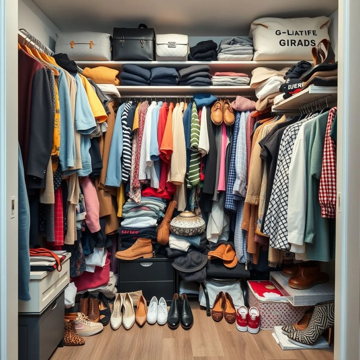 Guarda-roupa bagunçado e cheio de roupas, sapatos e acessórios, representando o consumo excessivo.