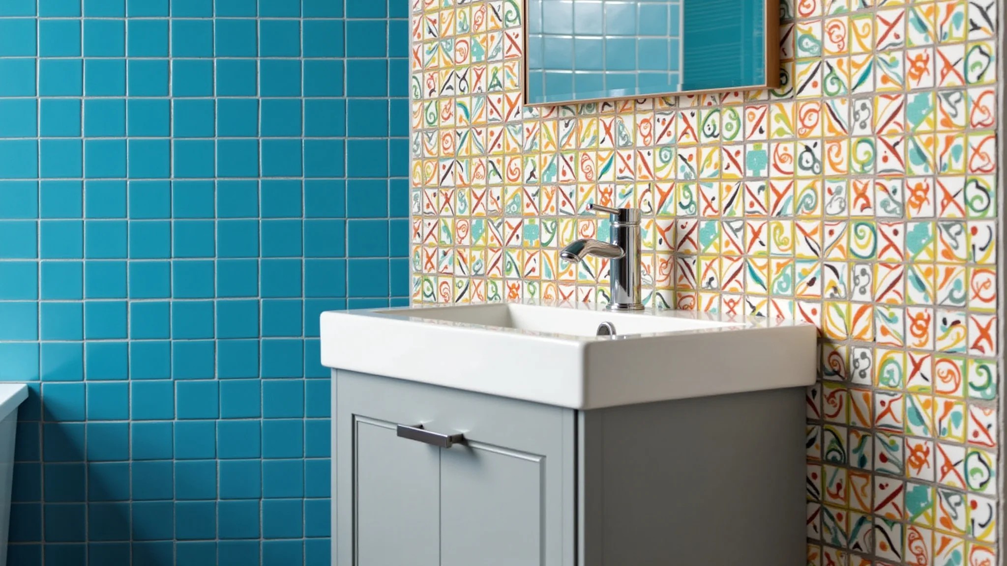 Kit de banheiro colorido com padrões geométricos em parede de azulejos azuis.