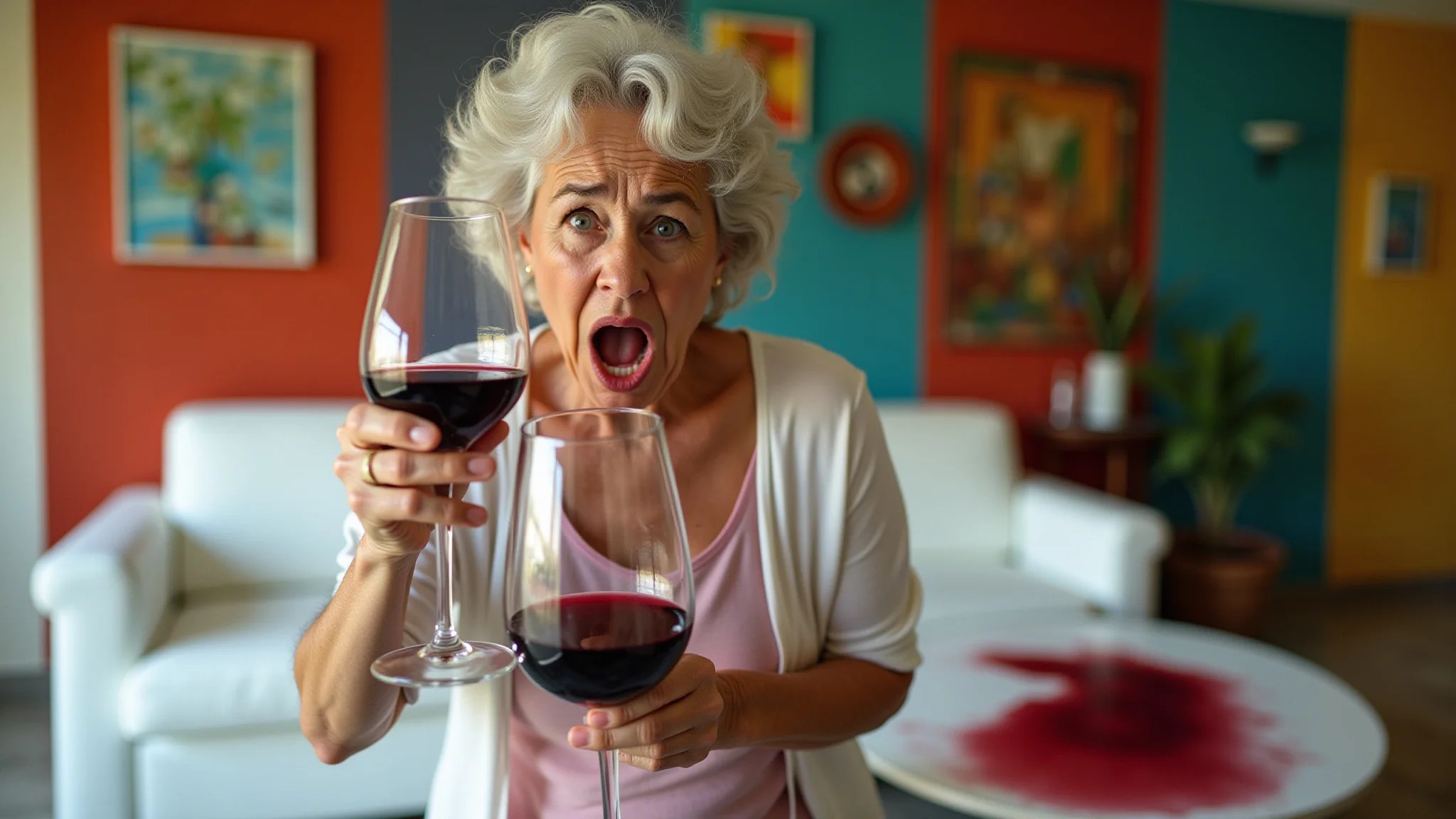 Senhora derrubando vinho tinto no sofá branco, sala de estar brasileira colorida.
